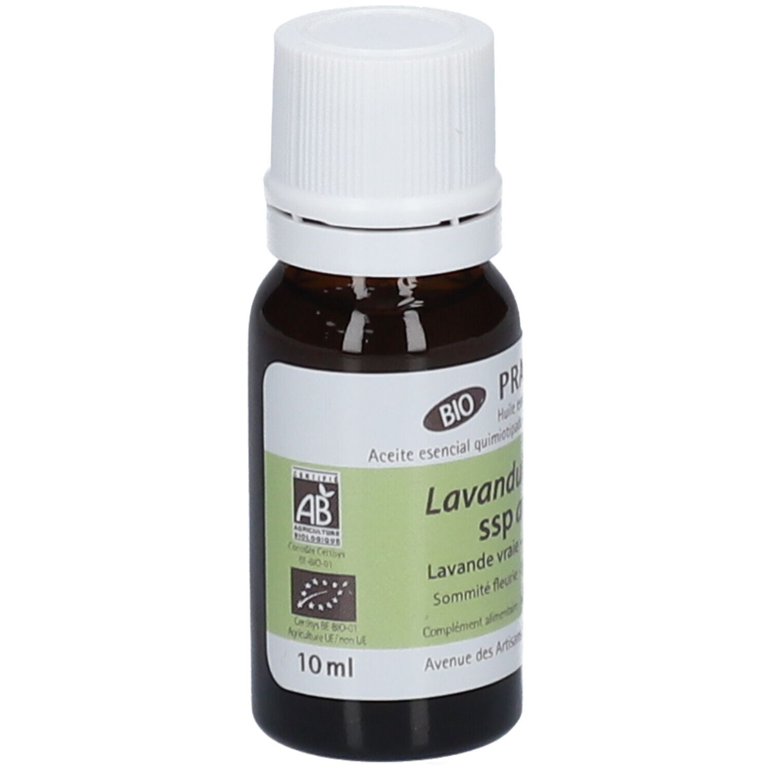 Flacone di vetro marrone con tappo bianco. Etichetta con nome del prodotto e ingredienti. Certificazioni AB e BIO.