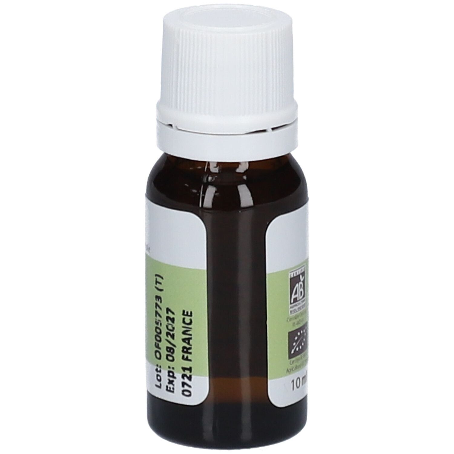 Flacone di vetro marrone con tappo bianco. Etichetta con nome del prodotto e ingredienti. Numero di lotto e data di scadenza.
