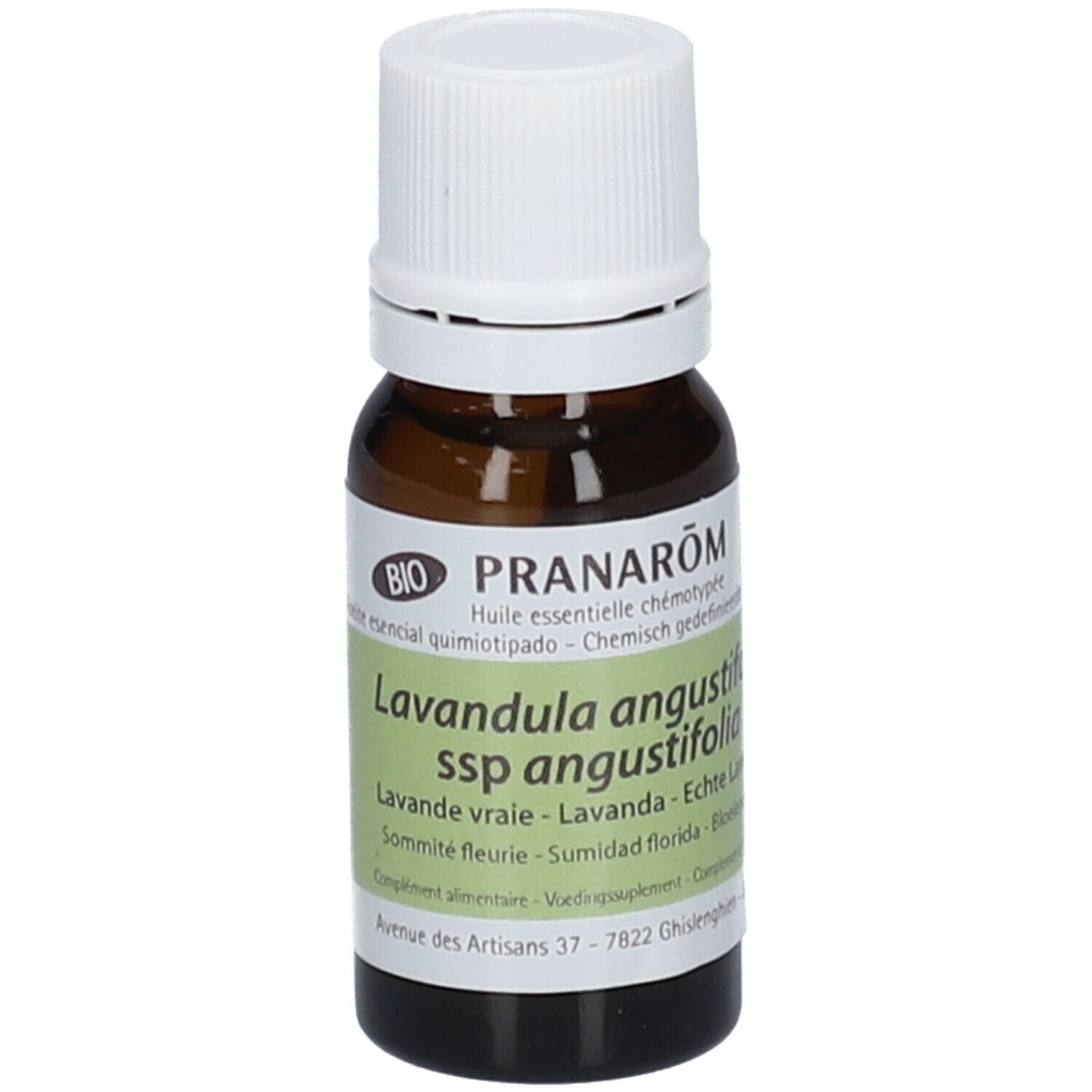 Flacone di vetro marrone con tappo bianco. Etichetta con nome del prodotto e ingredienti. Certificazione BIO.
