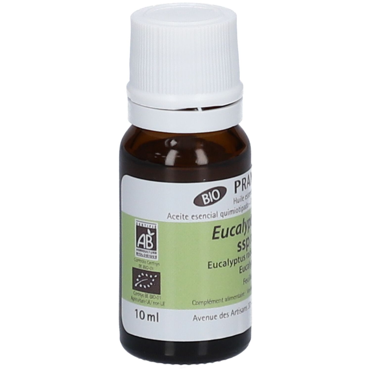 Flacone di vetro marrone con tappo bianco. Etichetta con informazioni sul prodotto. Marca: PRANAROM. Certificazione Bio. 10 ml.