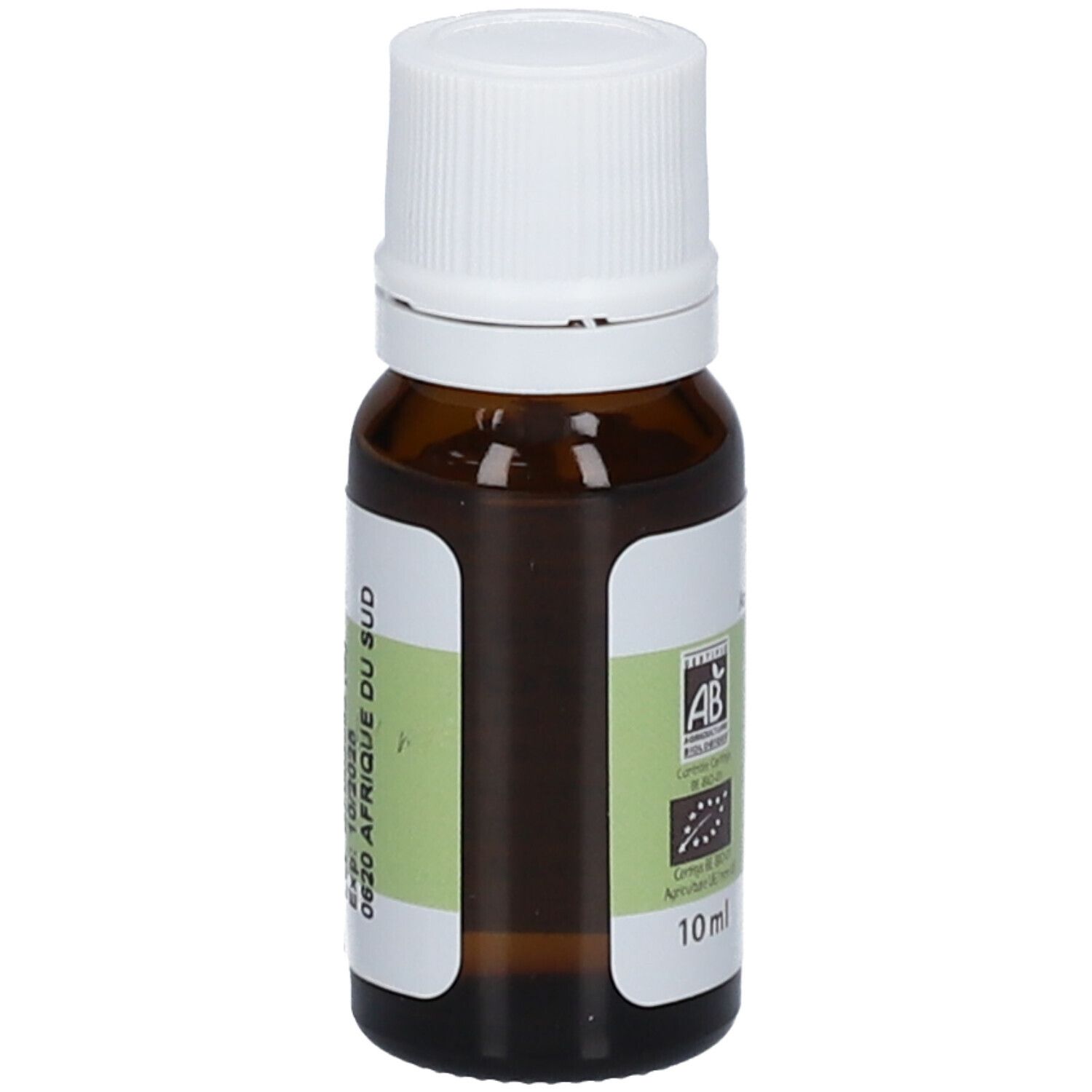 Flacone di vetro marrone con tappo bianco. Etichetta con informazioni sul prodotto. Marca: PRANAROM. 10 ml. Origine: Sudafrica.