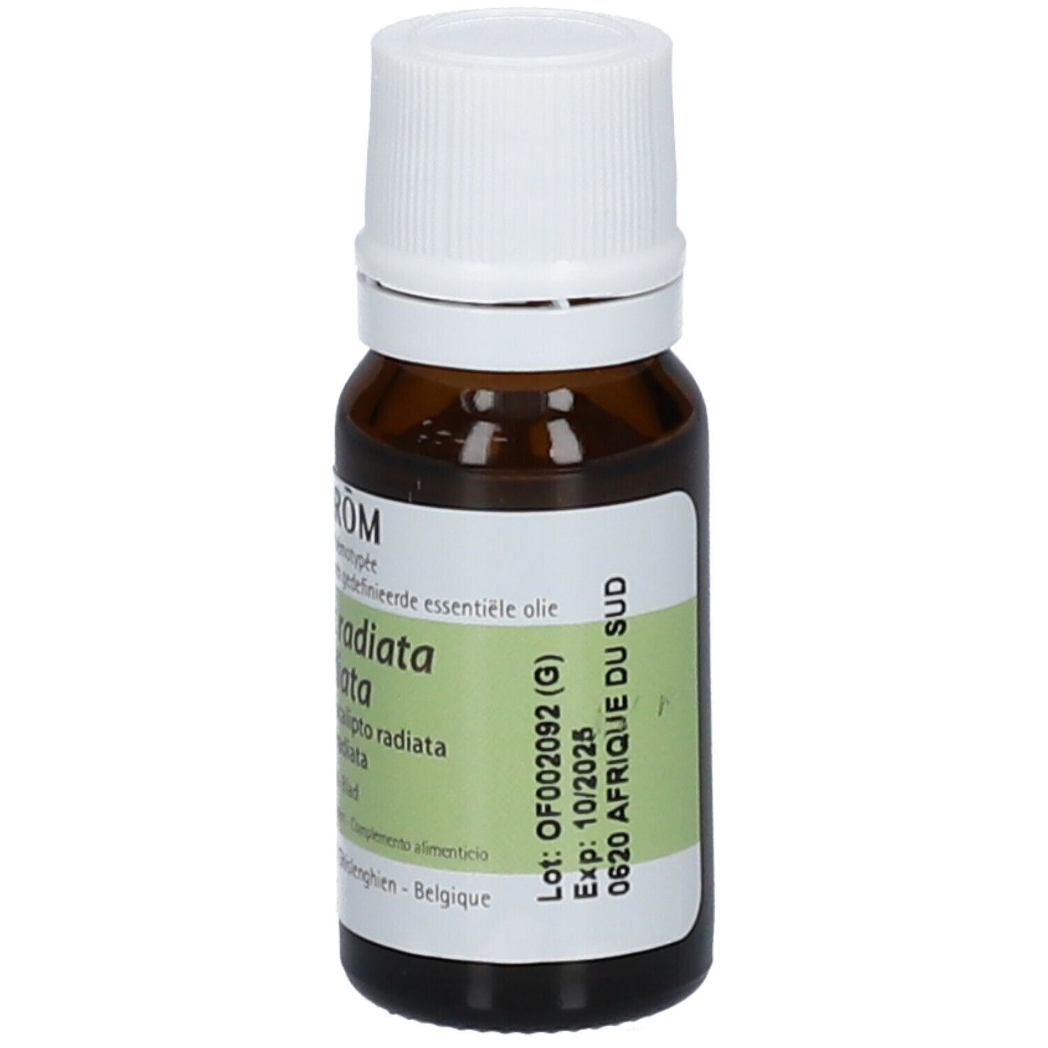 Flacone di vetro marrone con tappo bianco. Etichetta con informazioni sul prodotto. Marca: PRANAROM. Eucalyptus radiata. Numero di lotto e scadenza.