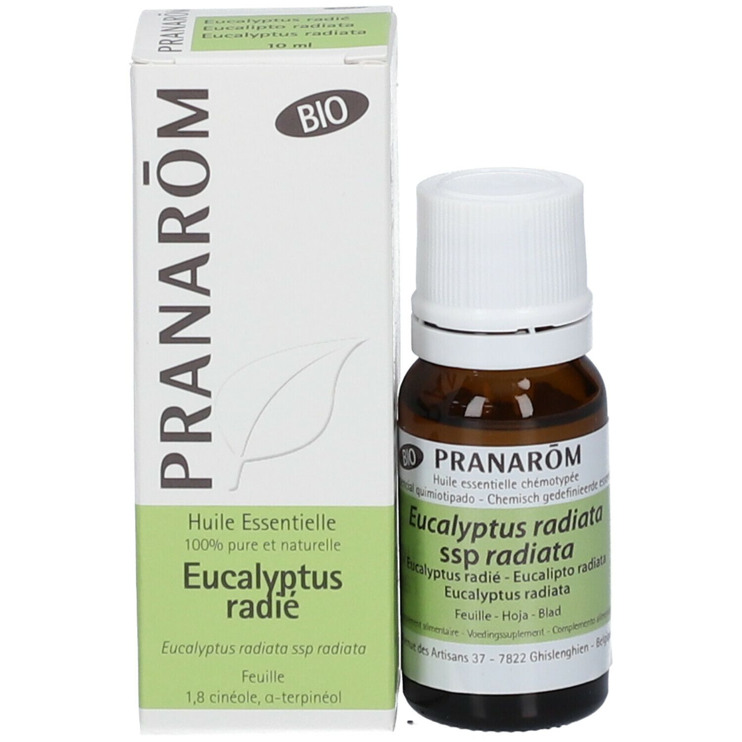 Confezione e flacone. Marca: PRANAROM. Eucalyptus radiata. 10 ml. Certificazione Bio.