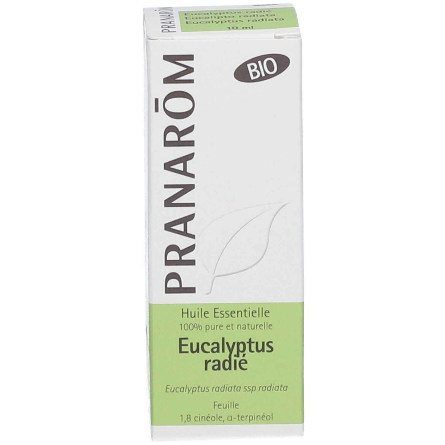 Confezione del prodotto. Marca: PRANAROM. Eucalyptus radiata. Certificazione Bio.