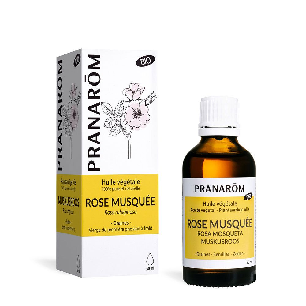 Flacone e confezione Pranarôm. Olio di Rosa Mosqueta. 50 ml. Certificazione Bio.