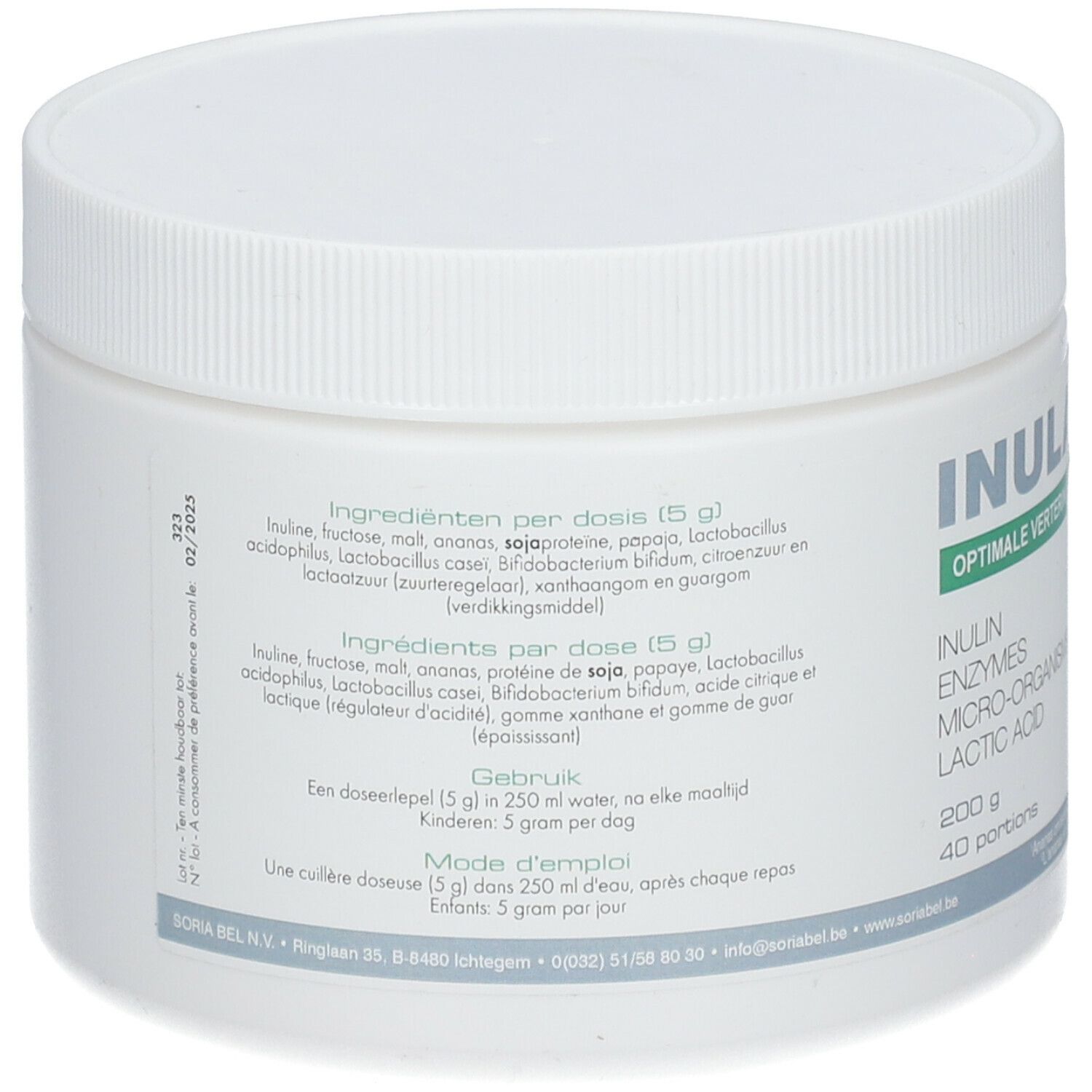 Retro del contenitore bianco. Contiene elenco ingredienti, istruzioni per l'uso e informazioni nutrizionali. Marchio: Soria Natural.