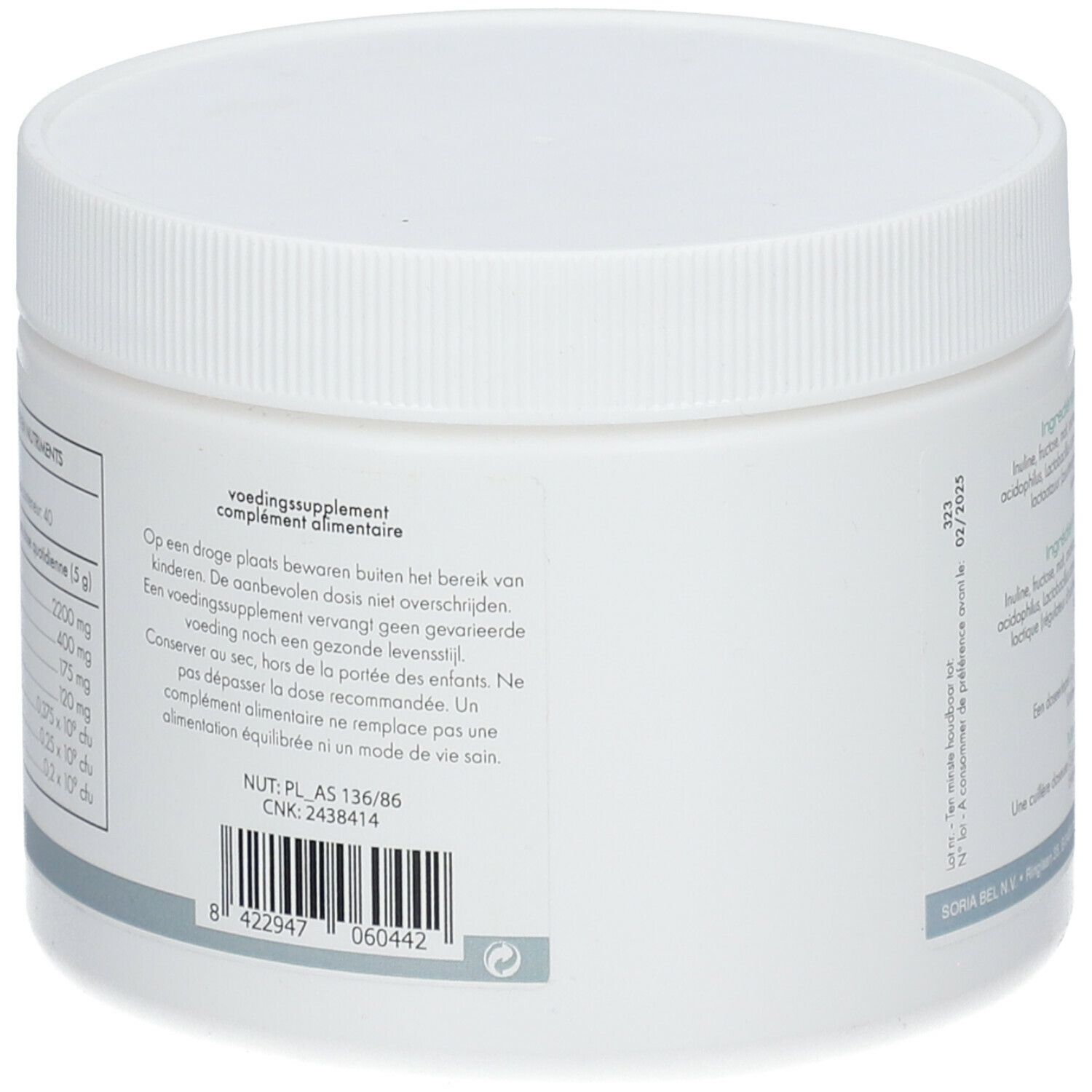 Retro del contenitore bianco. Contiene informazioni nutrizionali e avvertenze. Codice a barre e numero di lotto visibili.