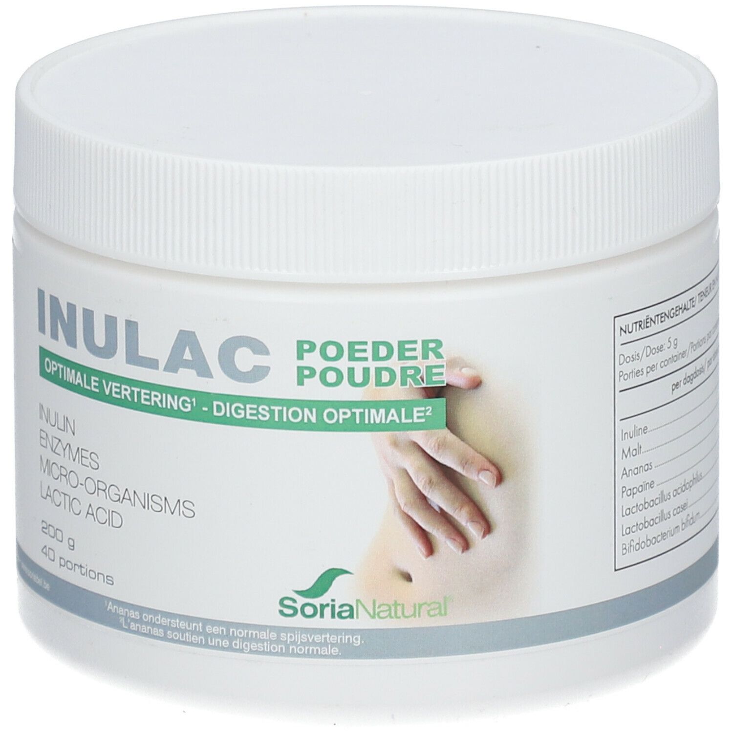 Contenitore bianco con coperchio. Scritta: INULAC, POEDER POUDRE. Contiene inulina, enzimi, microrganismi, acido lattico. Marchio: Soria Natural.