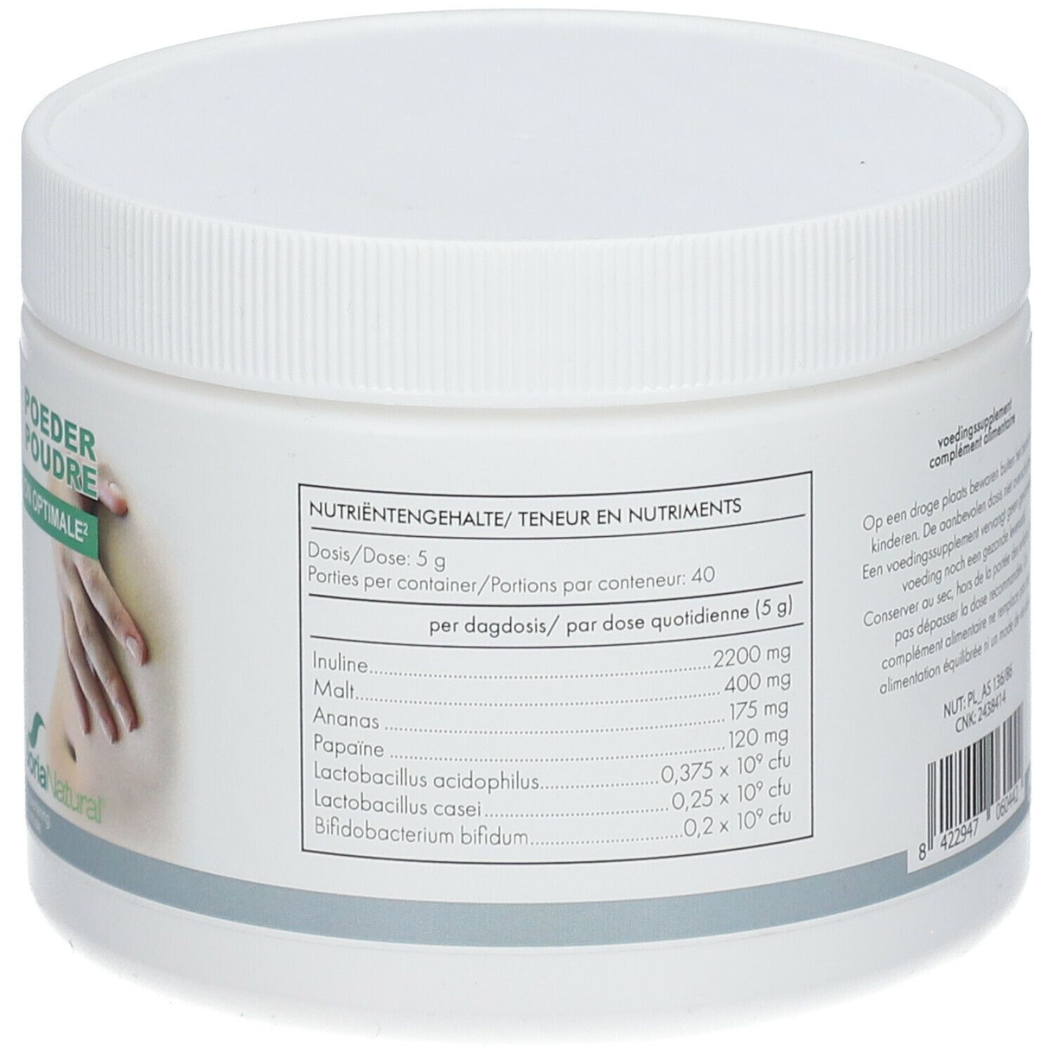 Retro del contenitore bianco. Contiene informazioni nutrizionali per porzione. Marchio: Soria Natural.