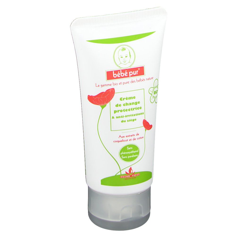 Tubo bianco con decorazioni verdi e rosse. Scritta: bébé pur, Crème de change protectrice. Con marchio bio.