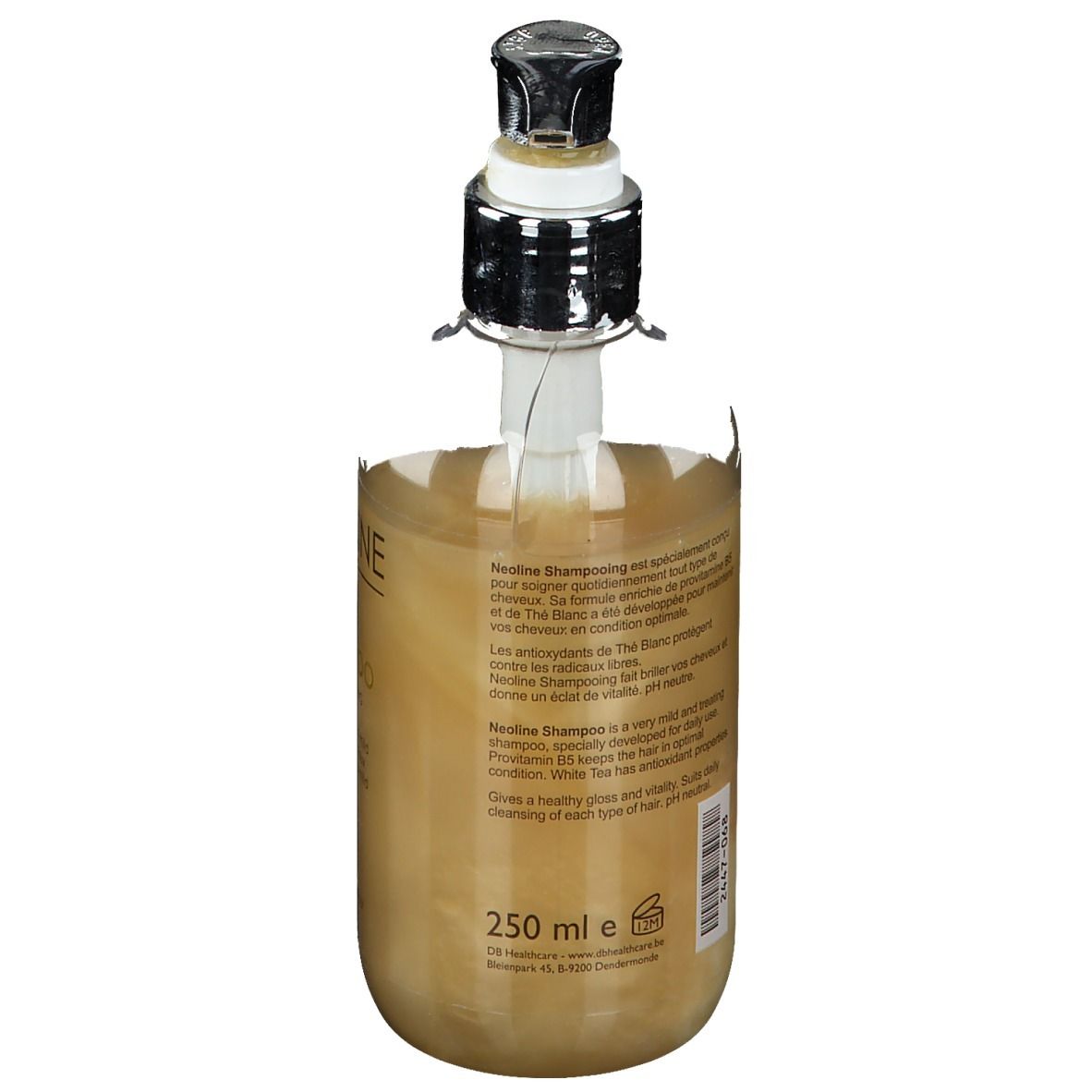 Retro del flacone di shampoo. Testo sull'etichetta. Contiene 250 ml. Con ingredienti e informazioni del produttore.