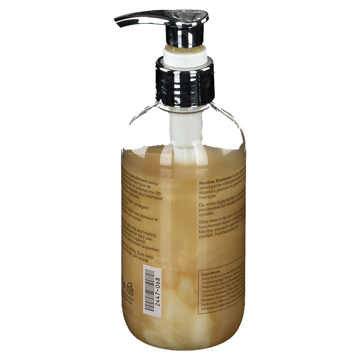 Retro del flacone di shampoo. Testo sull'etichetta. Con ingredienti e informazioni del produttore. Codice a barre.