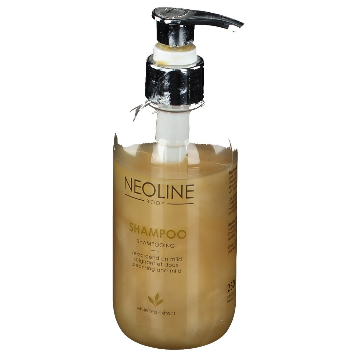 Flacone trasparente con dosatore. Scritta: Neoline Body Shampoo. Contiene estratto di tè bianco.