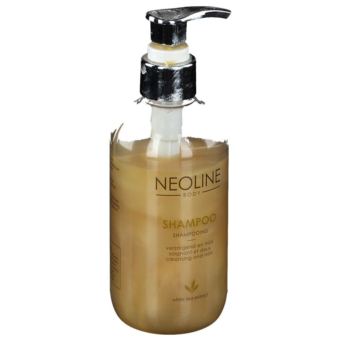 Flacone trasparente con dosatore. Scritta: Neoline Body Shampoo. Contiene estratto di tè bianco.