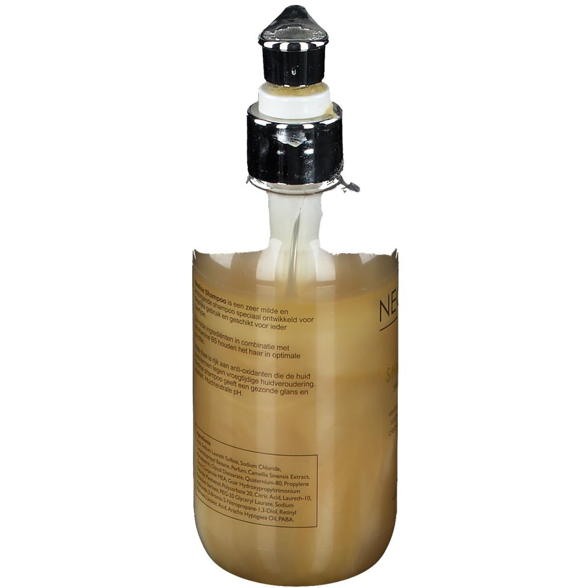 Retro del flacone di shampoo. Testo sull'etichetta. Con ingredienti e informazioni del produttore.