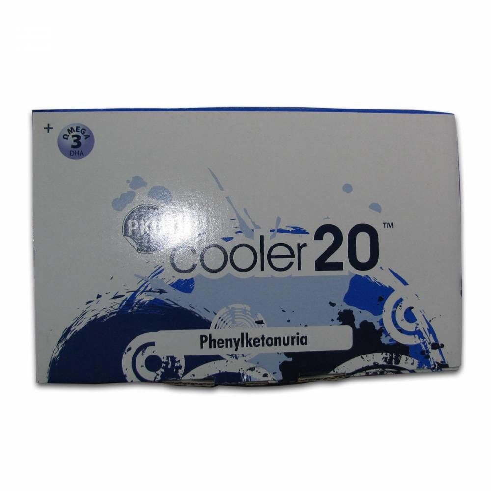 Scatola con scritta "PKU Cooler 20". Testo: Fenilchetonuria. Design blu e bianco.