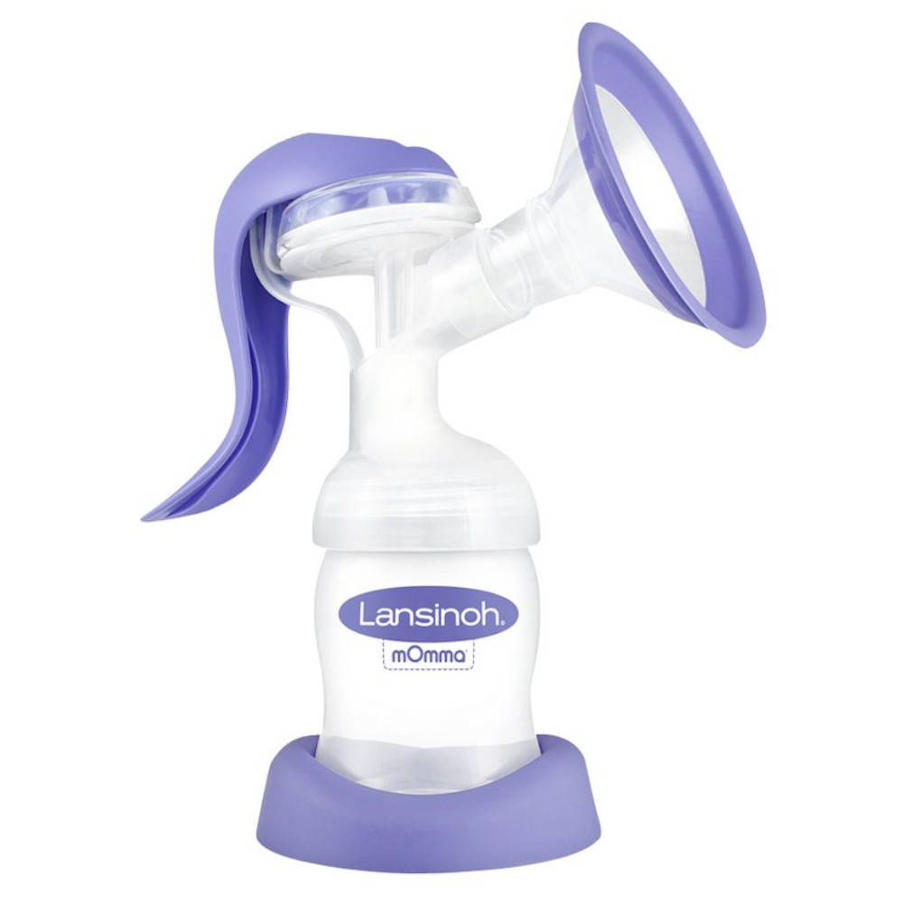 Tiralatte manuale con dettagli viola. Composto da bottiglia, imbuto, maniglia e base. Marchio: Lansinoh.