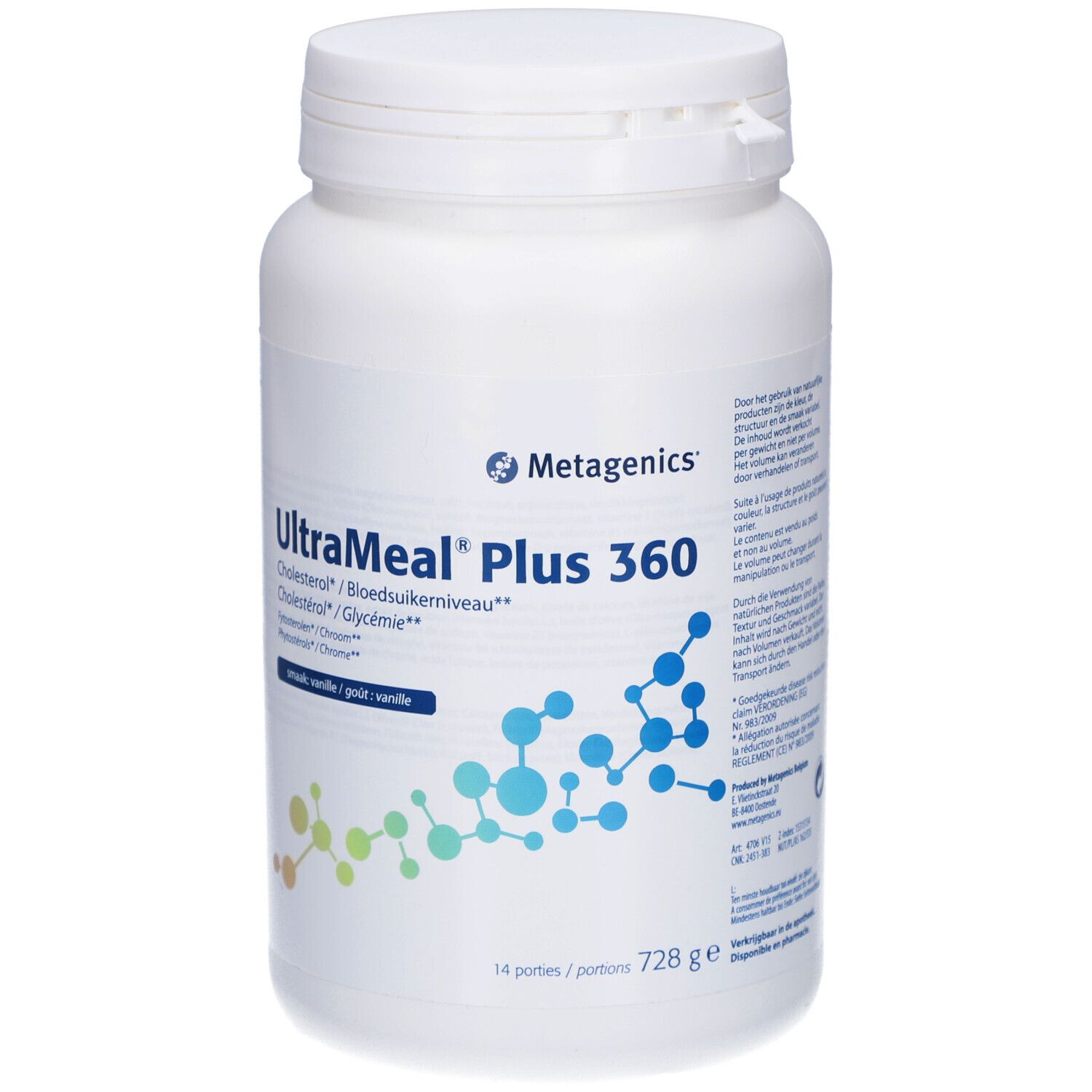 Contenitore bianco UltraMeal Plus 360. Logo Metagenics. Gusto vaniglia. 14 porzioni, 728g. Informazioni su colesterolo, glicemia.