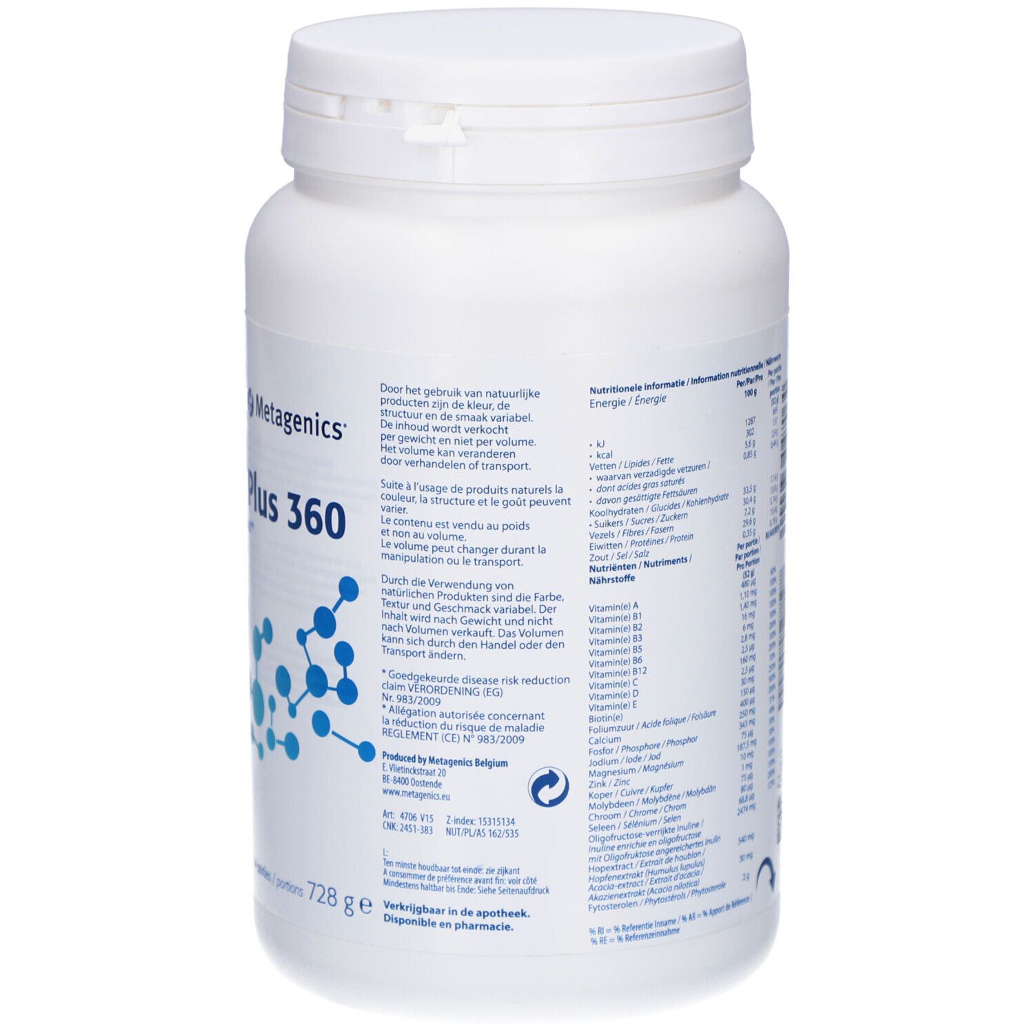 Contenitore bianco UltraMeal Plus 360. Logo Metagenics. Gusto vaniglia. 14 porzioni, 728g. Informazioni su colesterolo, glicemia.