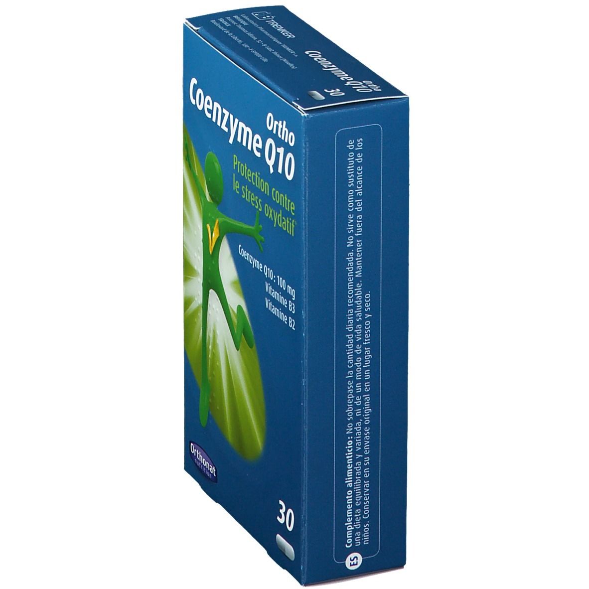 Scatola blu "Ortho Coenzima Q10". Scritte: "Protection contre le stress oxydatif", "Coenzima Q10: 100 mg, Vitamina B3, B2". Contiene 30 capsule. Vista laterale.