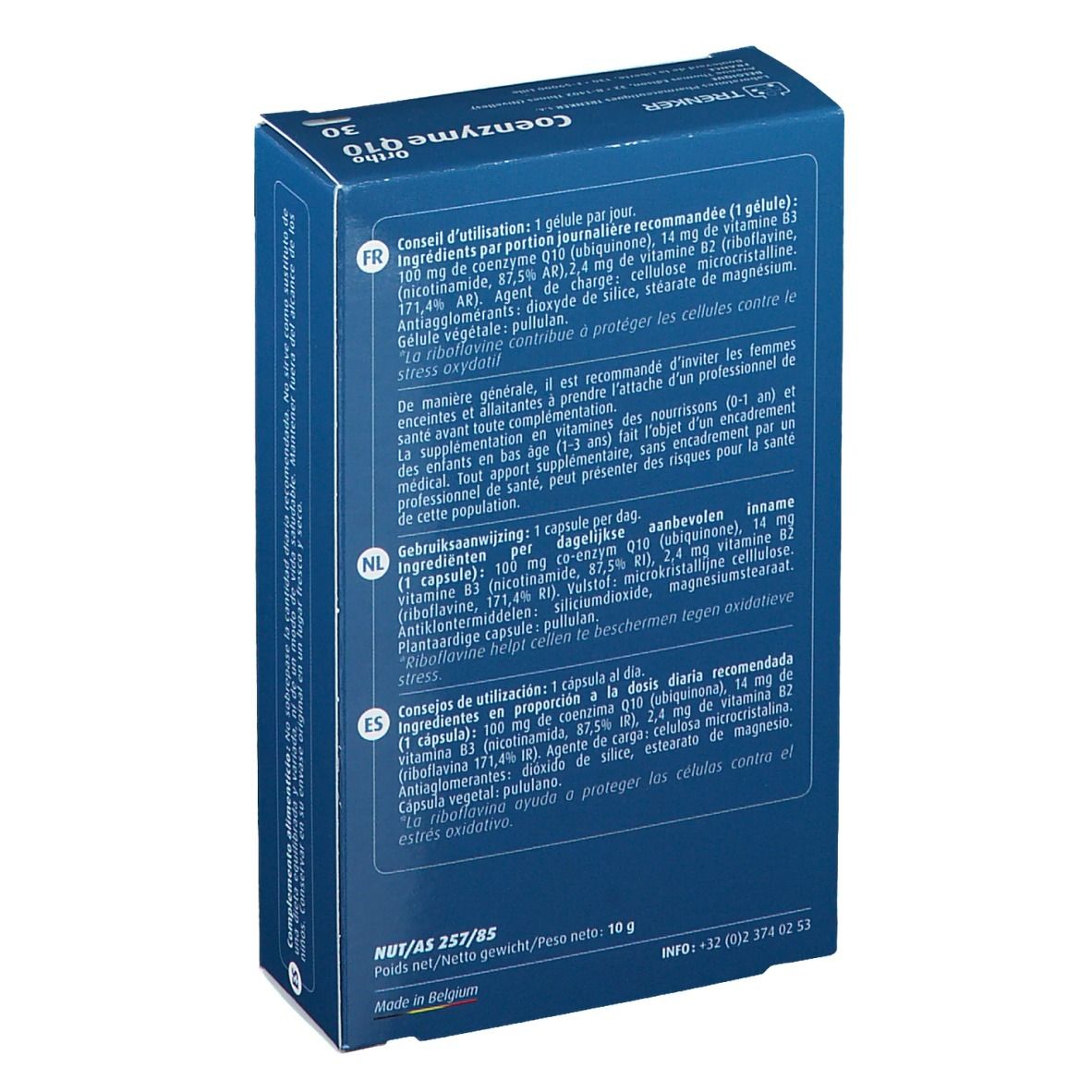 Retro della scatola blu "Ortho Coenzima Q10". Testo in francese e olandese. Contiene informazioni sugli ingredienti e l'uso.