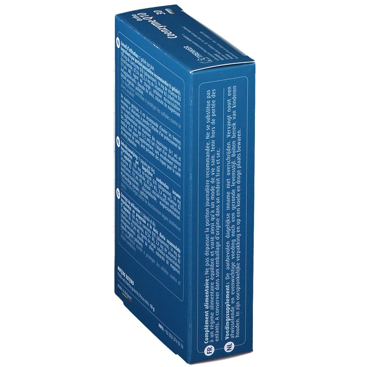 Vista laterale della scatola blu "Ortho Coenzima Q10". Testo in francese e olandese. Contiene informazioni sull'uso e gli ingredienti.