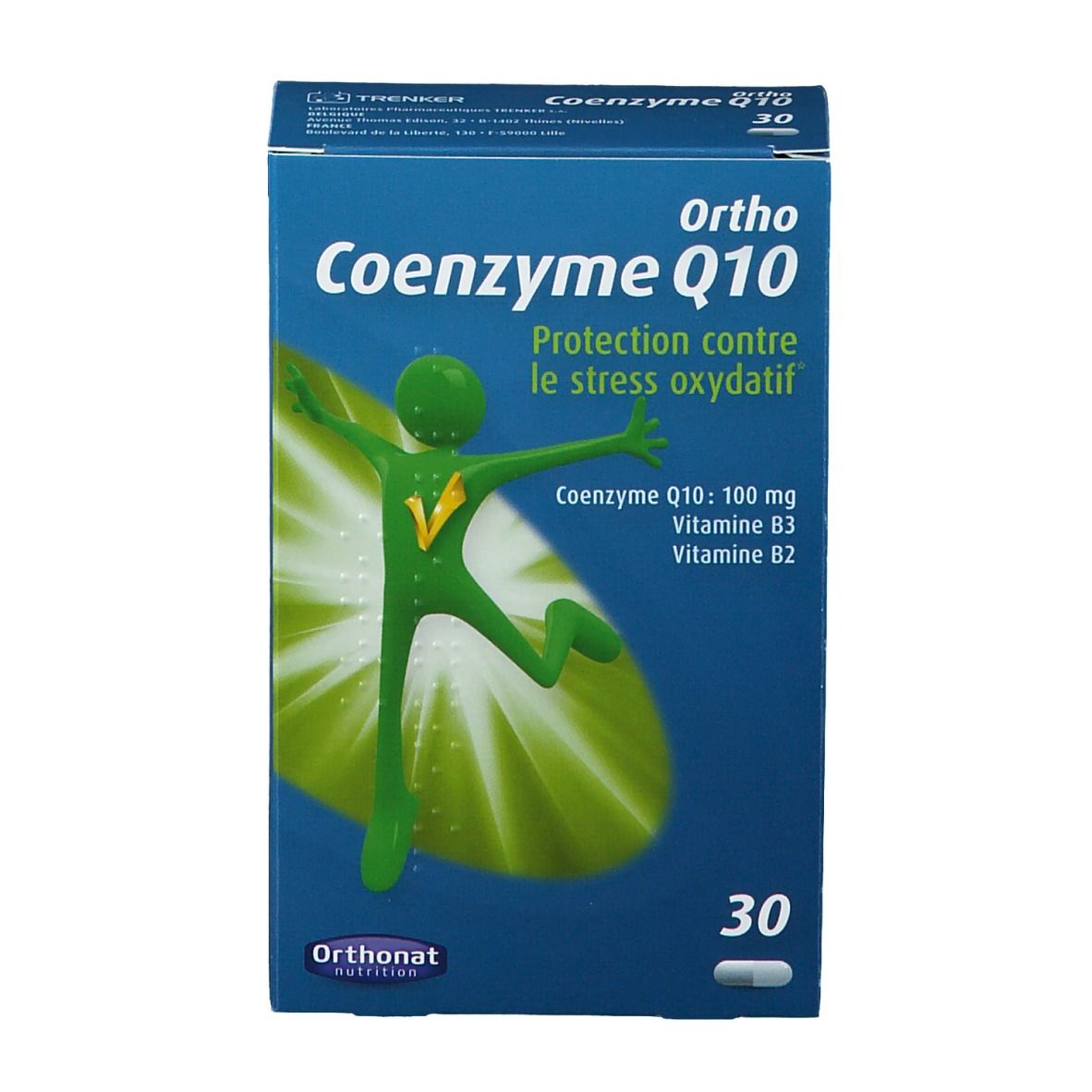 Scatola blu "Ortho Coenzima Q10" con 30 capsule. Scritte: "Protection contre le stress oxydatif", "Coenzima Q10: 100 mg, Vitamina B3, B2".