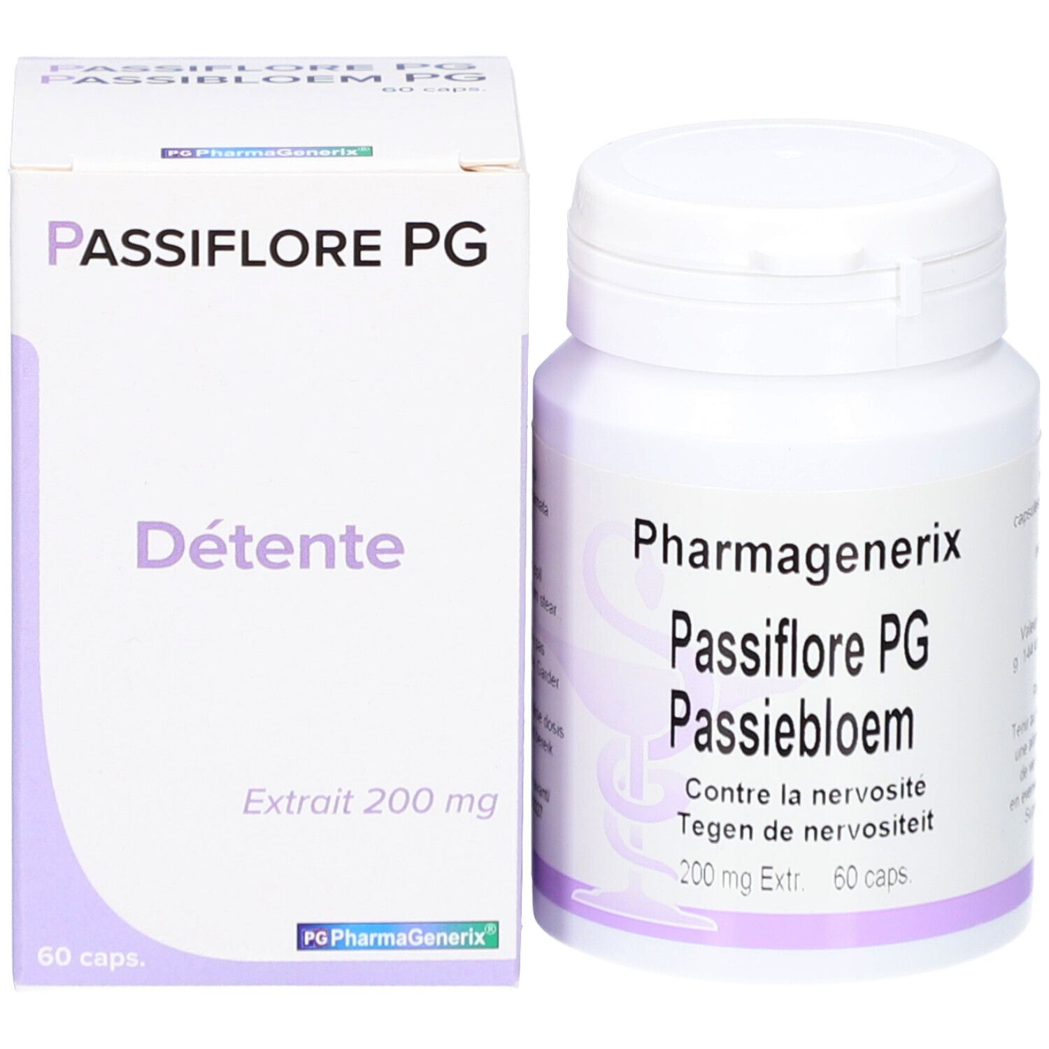 Confezione del prodotto con flacone e scatola. Scritta: Passiflore PG, Détente. Flacone: 60 caps.