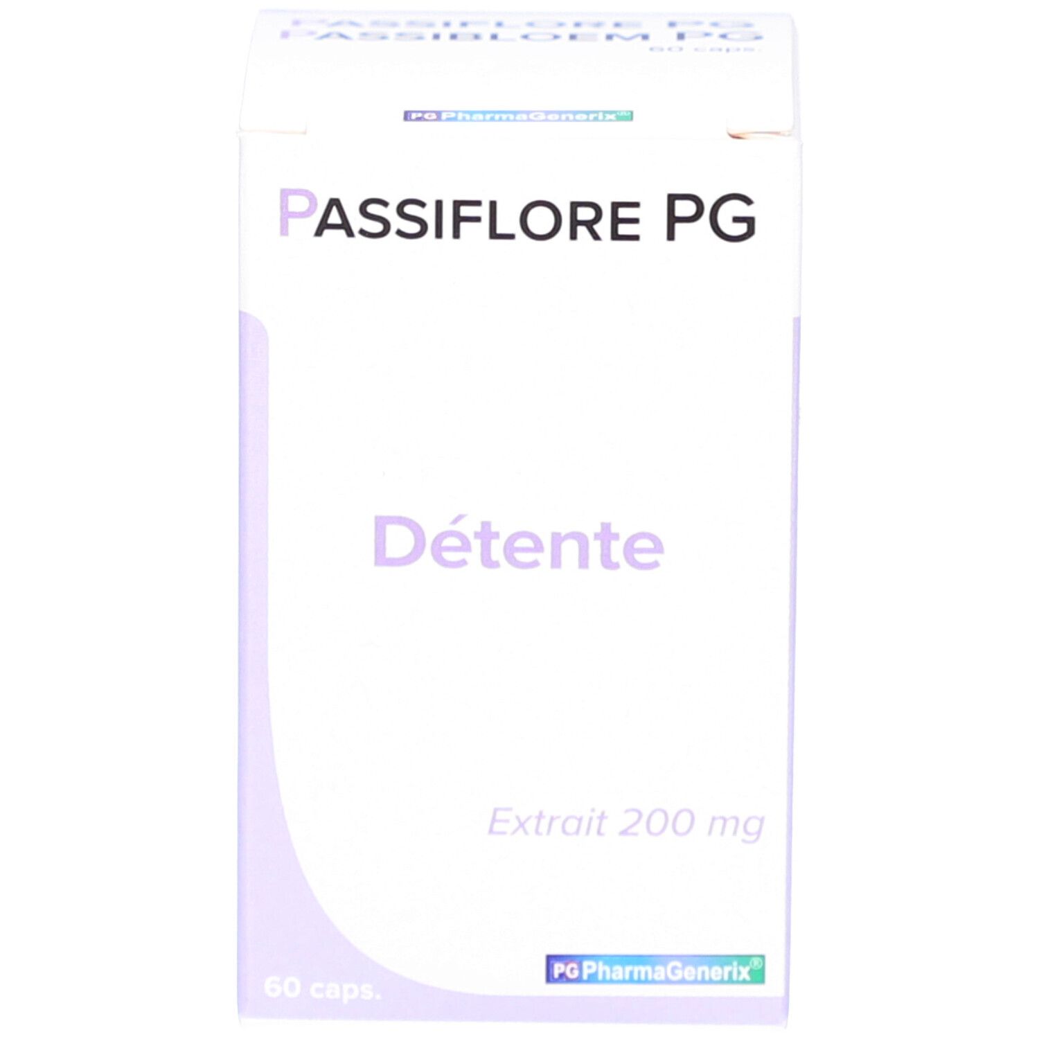 Confezione in cartone. Scritta: Passiflore PG, Détente. Extrait 200 mg. 60 caps.