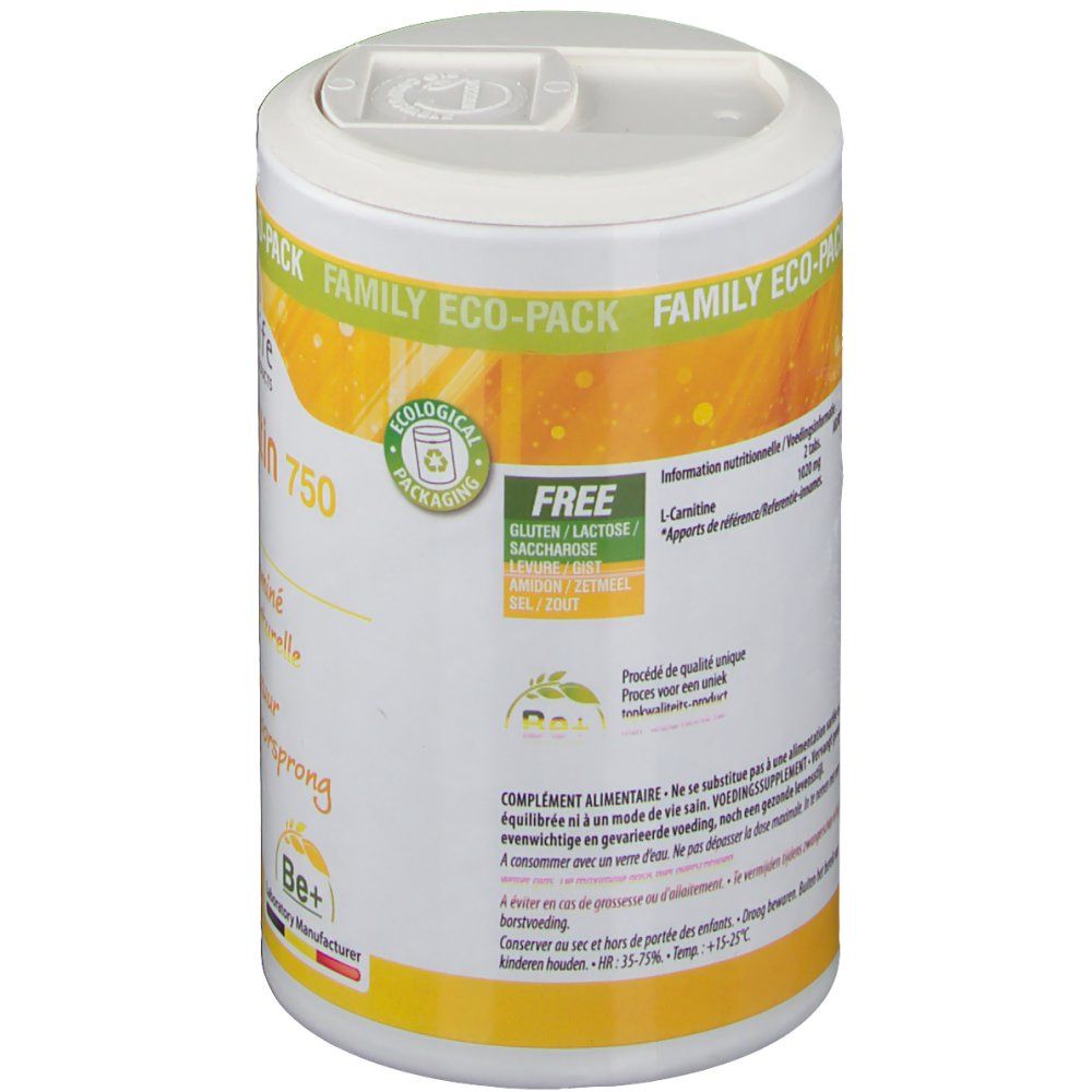 Retro del barattolo. Scritta: L-Carnitina, informazioni nutrizionali, senza glutine, senza lattosio, senza zucchero, senza sale. Simbolo di riciclaggio.