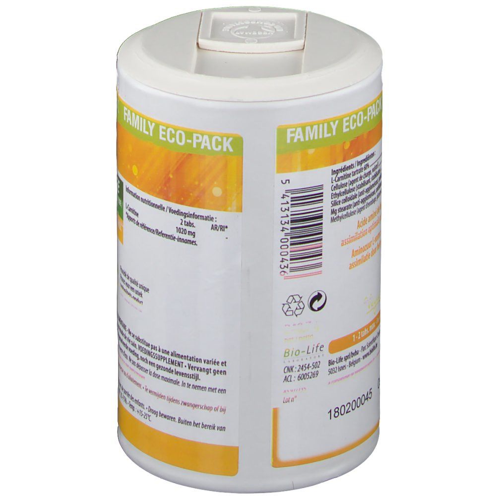 Retro del barattolo. Scritta: L-Carnitina, ingredienti, codice a barre, simbolo di riciclaggio. Informazioni produttore.