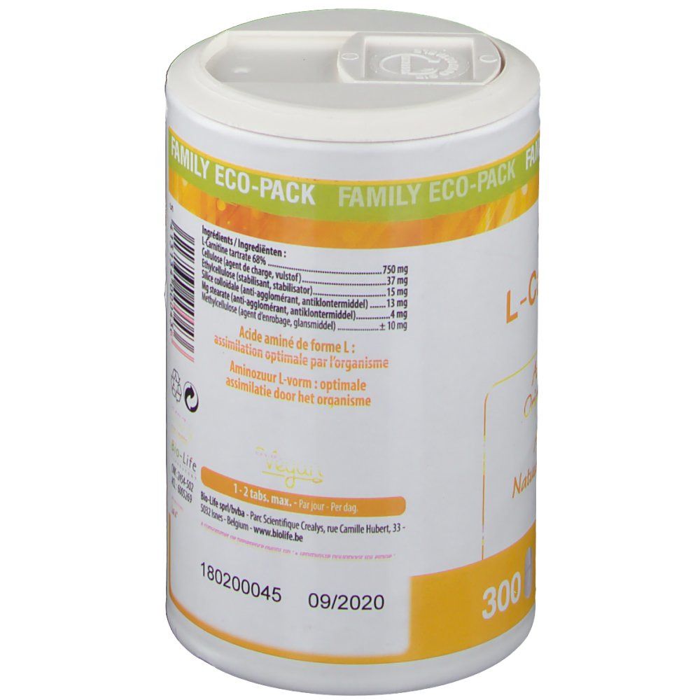 Retro del barattolo. Scritta: Ingredienti, aminoacido, assimilazione ottimale. Scadenza: 09/2020. 300 capsule.