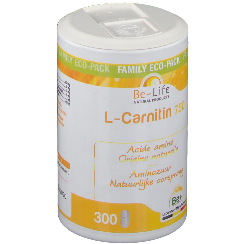 Barattolo cilindrico bianco. Scritta: Be-Life L-Carnitine 750. Sfondo giallo. 300 capsule.