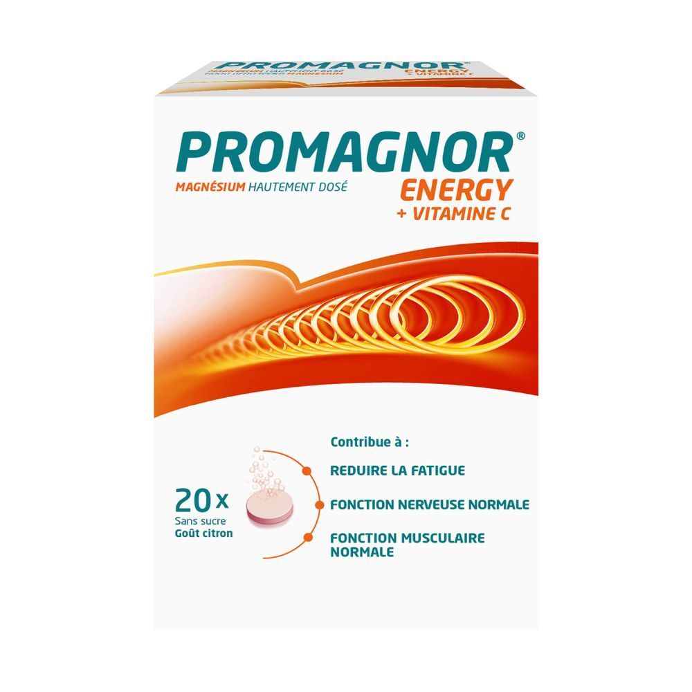 Confezione di Promagnor Energy. Contiene 20 compresse. Testo: Magnesio, vitamina C.