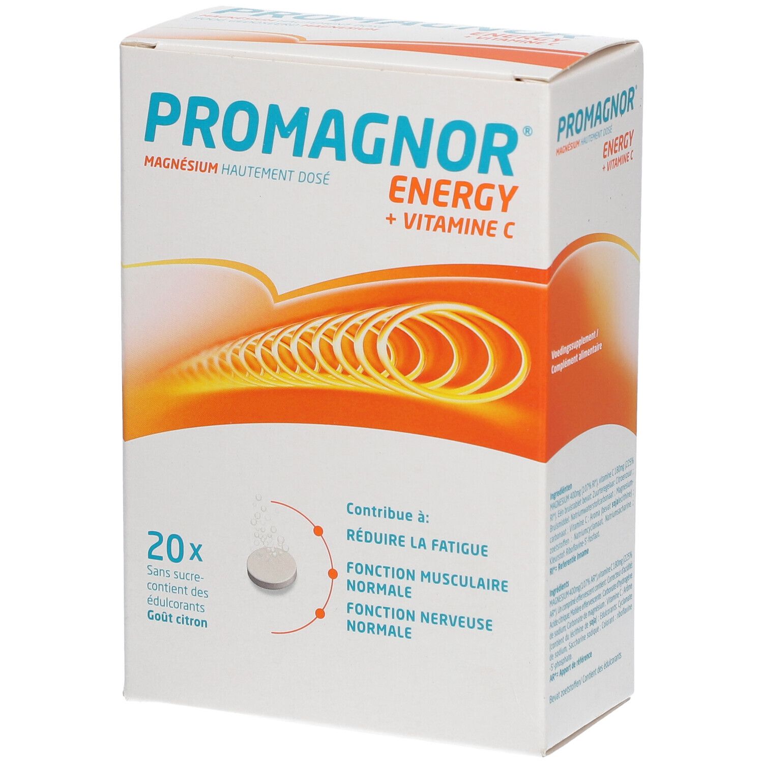 Confezione Promagnor Energy, 20 compresse. Magnesio e vitamina C. Gusto limone.