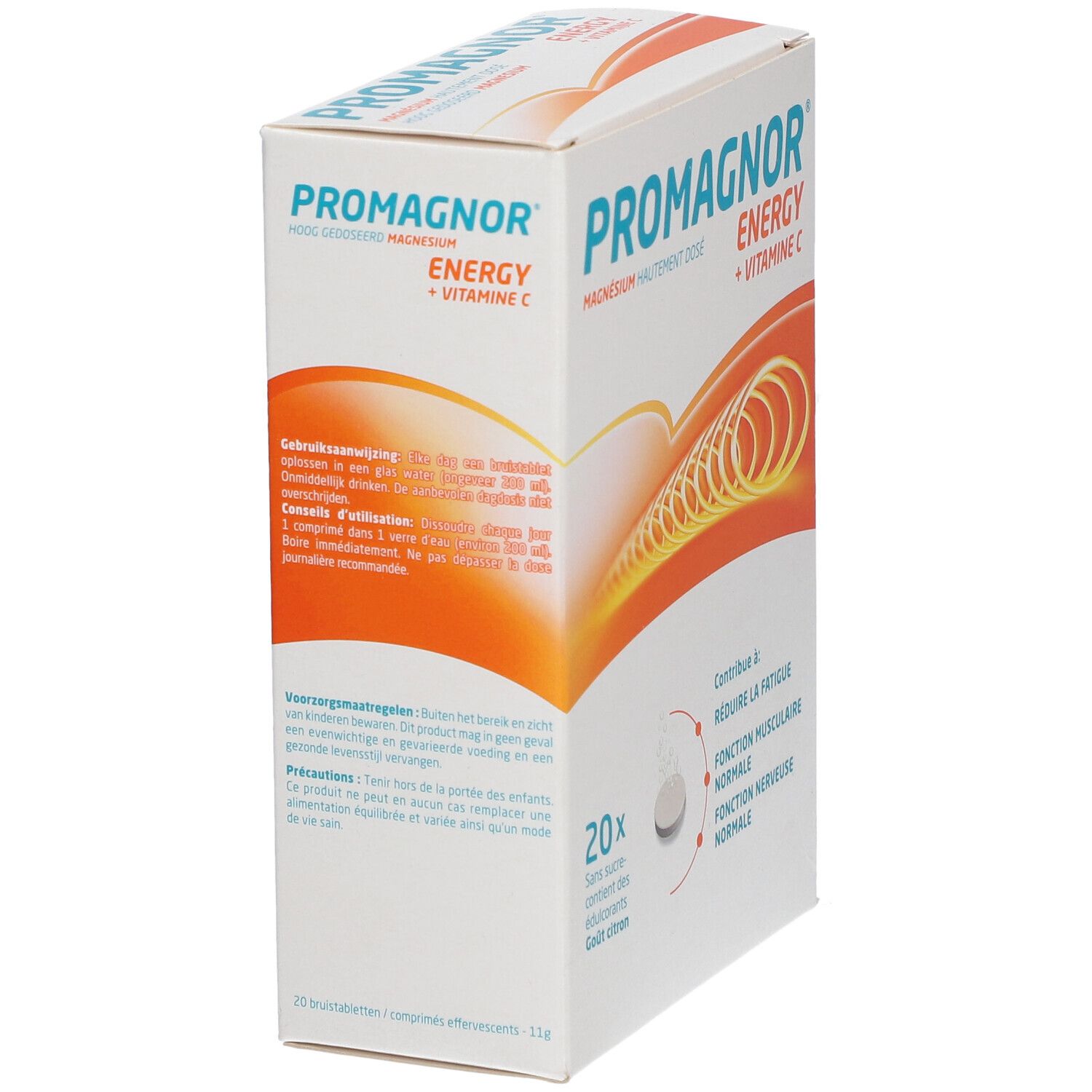 Confezione Promagnor Energy, 20 compresse. Magnesio e vitamina C. Gusto limone.
