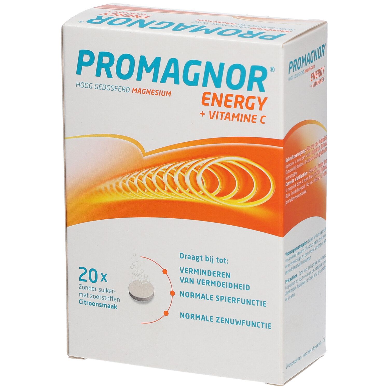 Confezione Promagnor Energy, 20 compresse. Magnesio e vitamina C. Gusto limone.