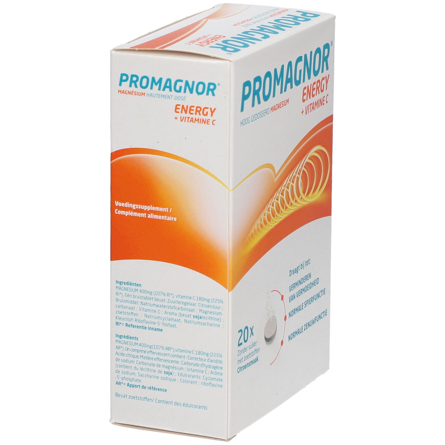 Confezione Promagnor Energy, 20 compresse. Magnesio e vitamina C. Gusto limone.