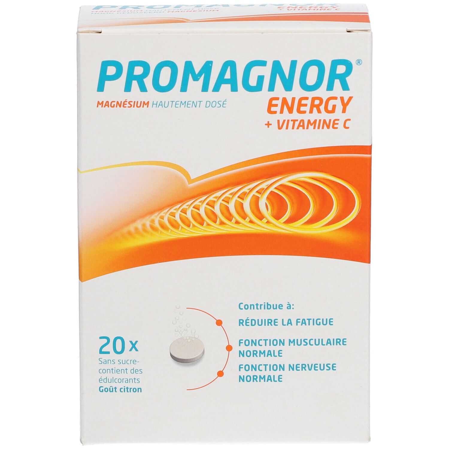 Confezione Promagnor Energy, 20 compresse. Magnesio e vitamina C. Gusto limone.