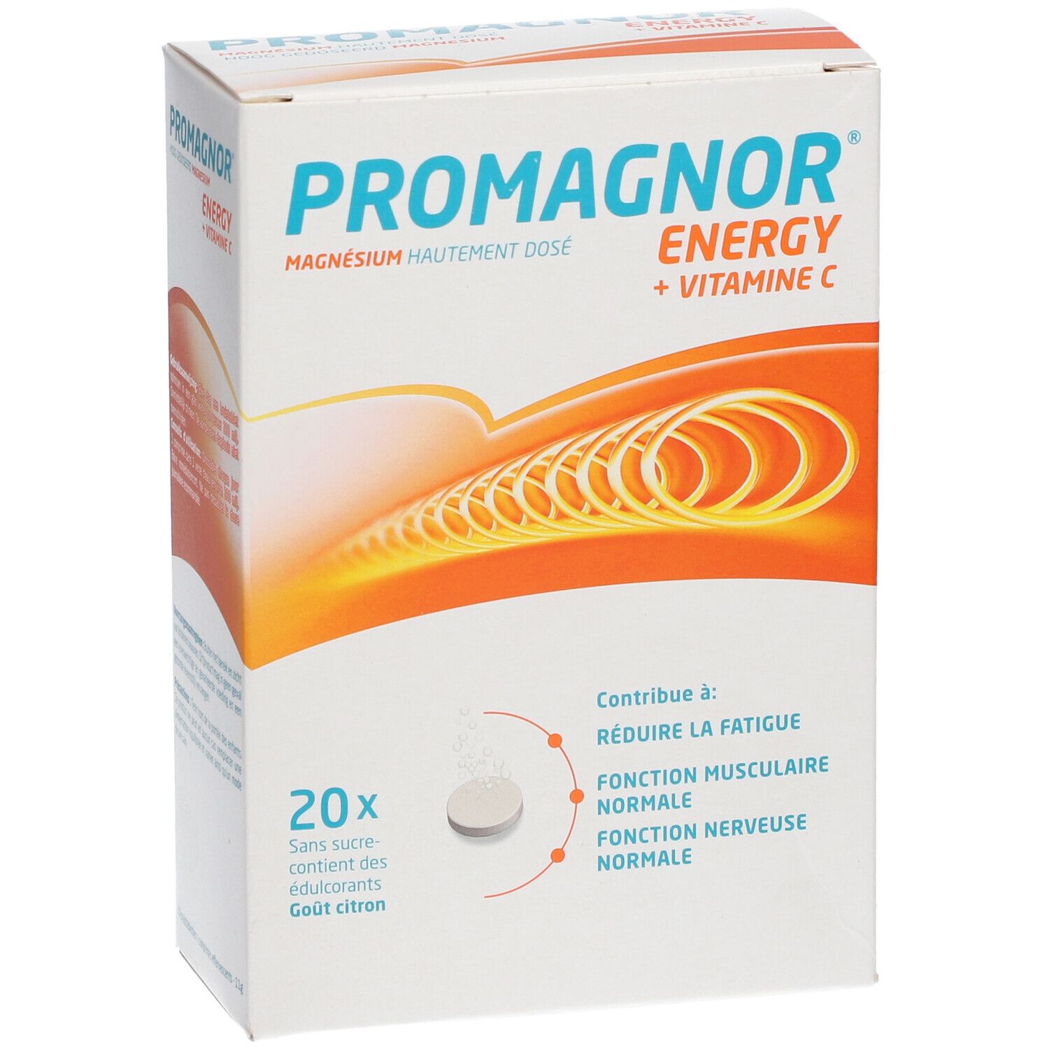 Confezione Promagnor Energy, 20 compresse. Magnesio e vitamina C. Gusto limone.