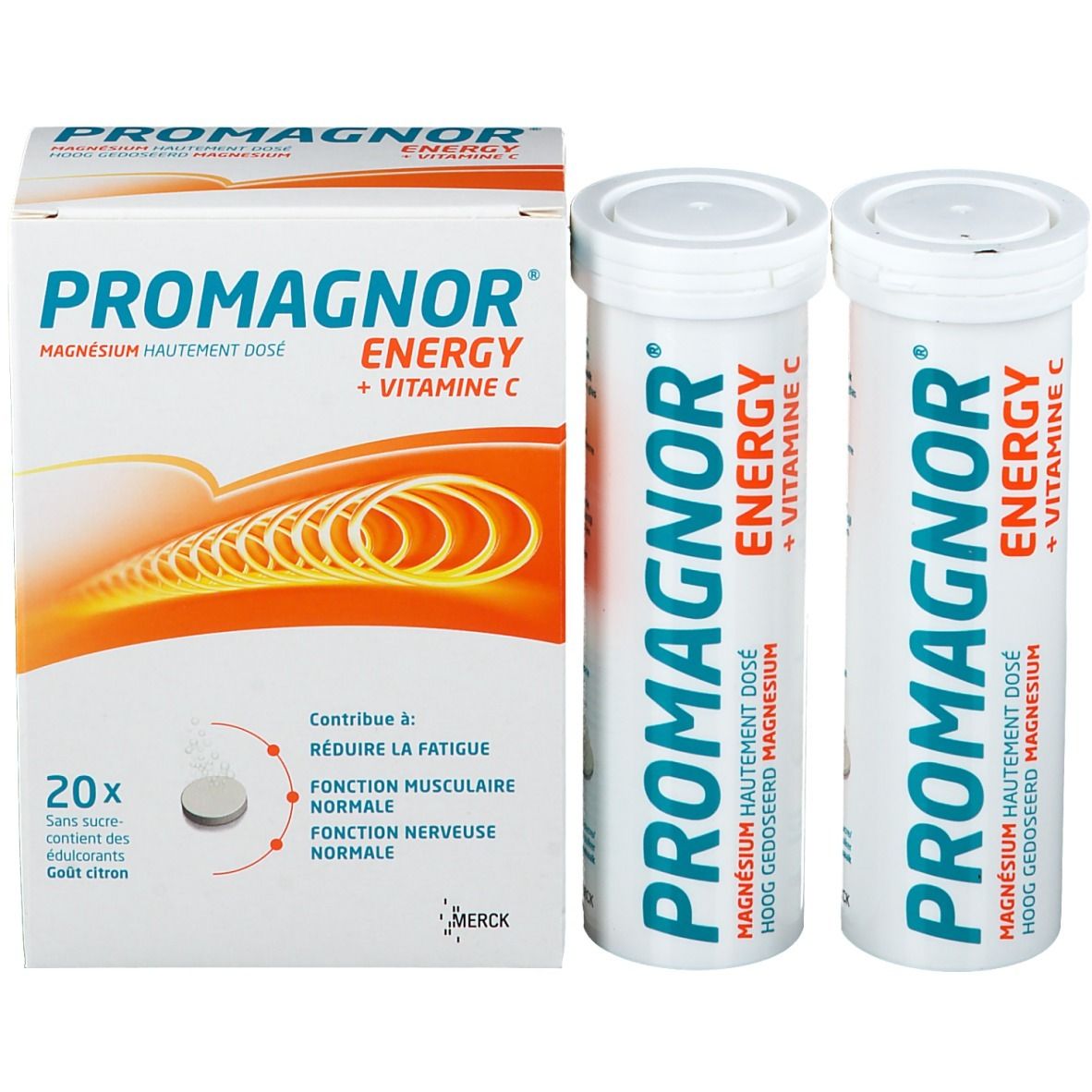 Confezione Promagnor Energy e due tubi. Magnesio e vitamina C. Compresse effervescenti.