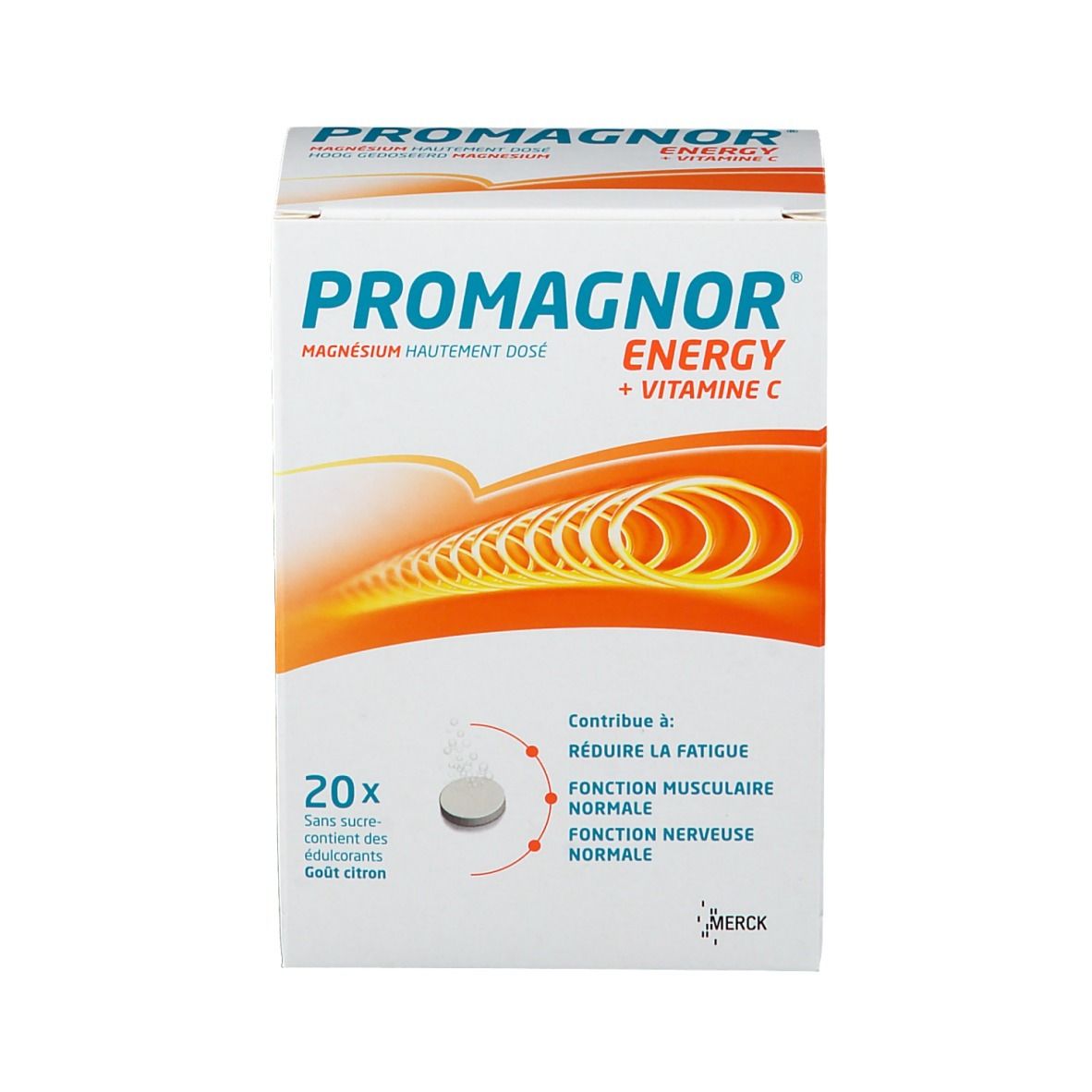 Confezione Promagnor Energy, 20 compresse. Magnesio e vitamina C. Gusto limone.