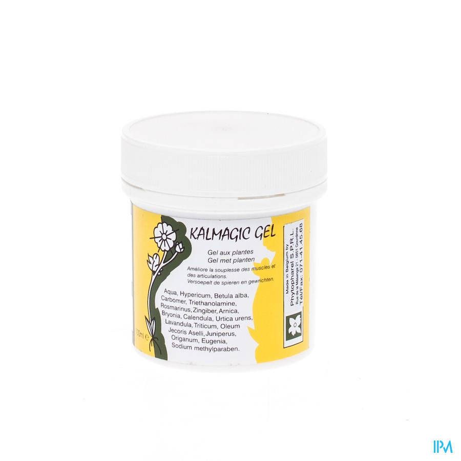 Vasetto bianco con etichetta gialla. Scritta: KALMAGIC GEL. Contiene estratti vegetali. Con coperchio.