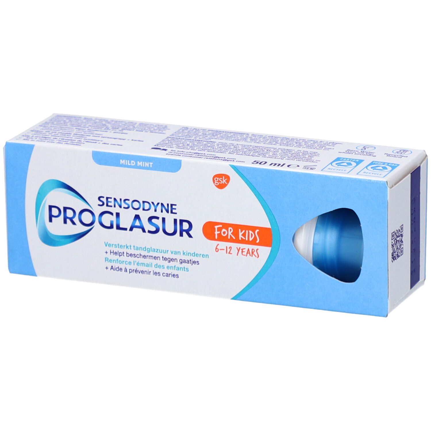 Scatola di dentifricio con nome e logo del prodotto. Confezione blu e bianca. Scritto: Per bambini 6-12 anni.