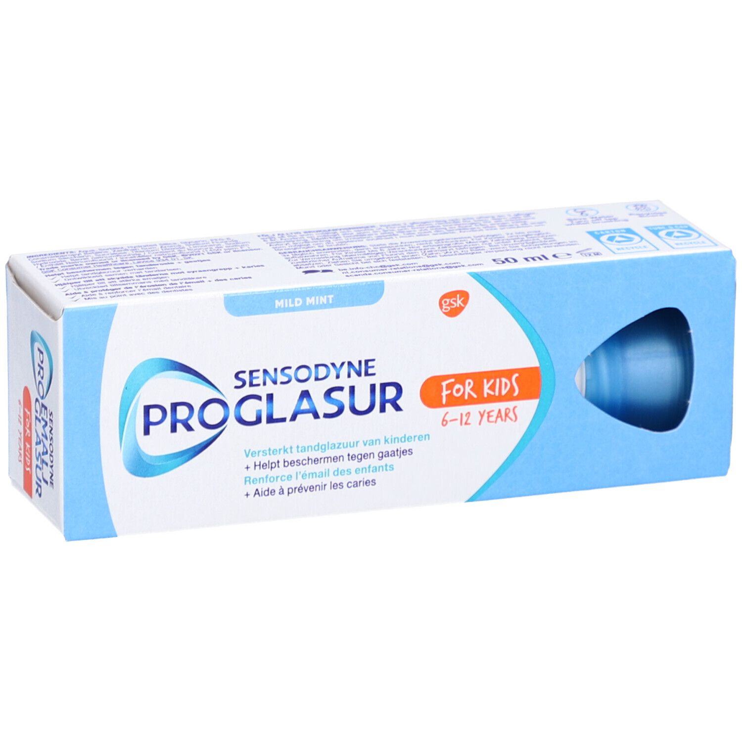 Scatola di dentifricio con nome e logo del prodotto. Confezione blu e bianca. Scritto: Per bambini 6-12 anni.