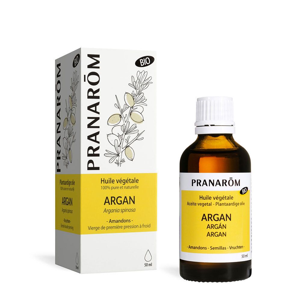 Flacone e confezione di olio di Argan PRANAROM. Certificazione BIO. 50 ml. Scritta: Huile végétale Argan.