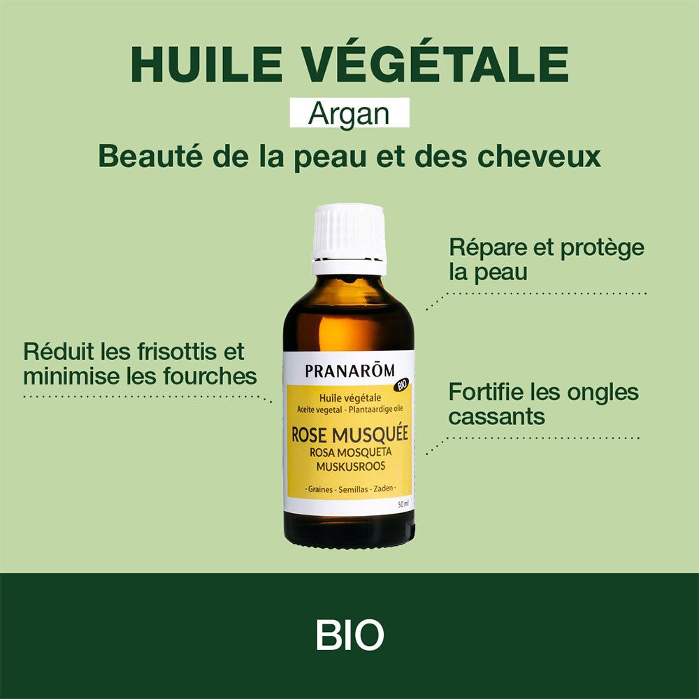 Flacone di olio di Argan. Testo: Huile végétale, Rose musquée. Certificazione BIO. Per la pelle e i capelli.