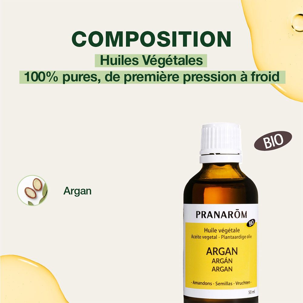 Flacone di olio di Argan. Testo: Huiles Végétales, 100% puri, prima spremitura a freddo. Certificazione BIO.