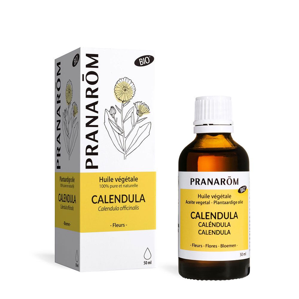 Flacone e scatola Pranarôm Calendula. Certificazione Bio. 50 ml.