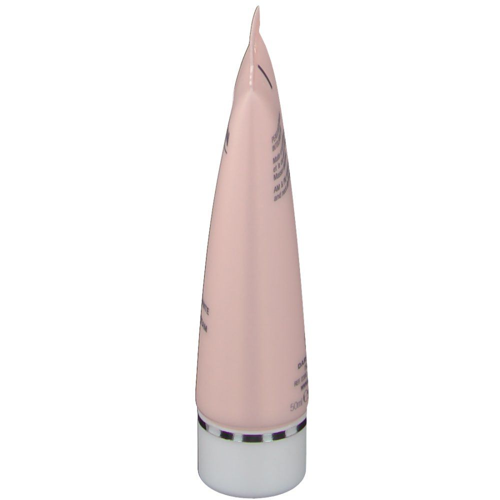 Vista laterale del tubo rosa con tappo bianco. Testo sul tubo.